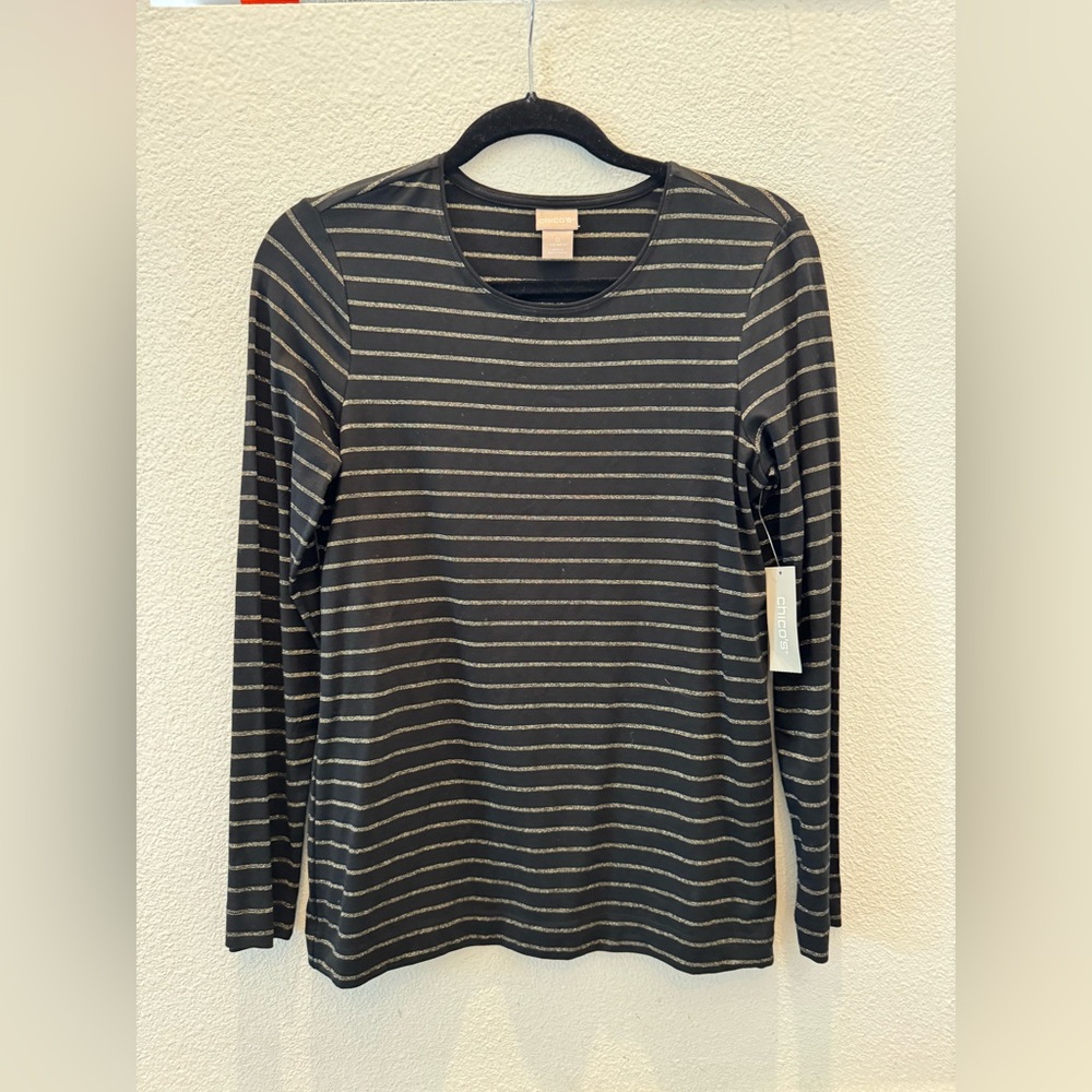 NWT - Chico's Touch of Cool Lurex Striped Long Sleeve Layering Tee.